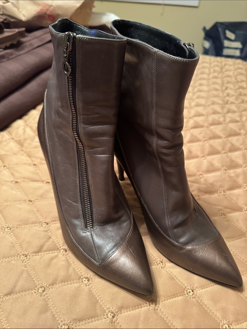 Hugo Boss Gray Bronze Pointed-Toe Leather Ankle Boots with Side Zip